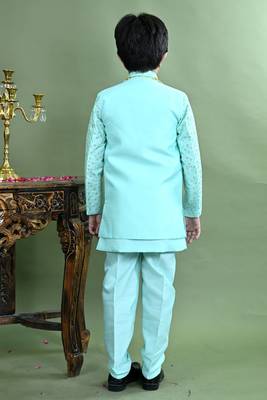 Boys sequined embroidered sherwani with pant & necklace set - turquoise 2