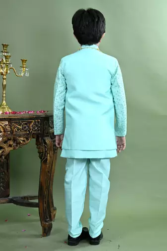 Boys sequined embroidered sherwani with pant & necklace set - turquoise