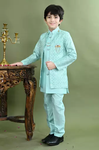 Boys sequined embroidered sherwani with pant & necklace set - turquoise