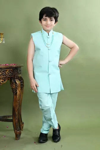 Boys sequined embroidered sherwani with pant & necklace set - turquoise