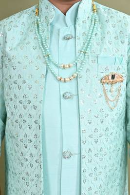 Boys sequined embroidered sherwani with pant & necklace set - turquoise 5