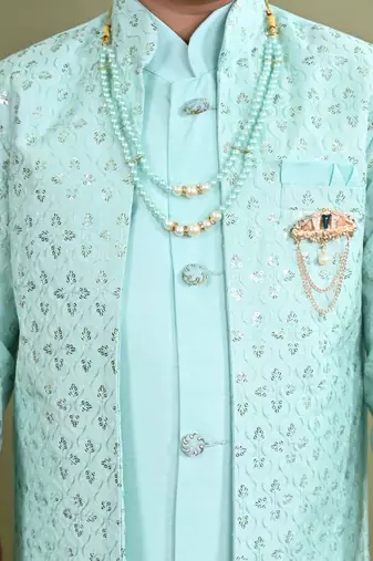 Boys sequined embroidered sherwani with pant & necklace set - turquoise