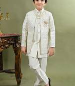 Boys sequined embroidered sherwani with pant & necklace set - white