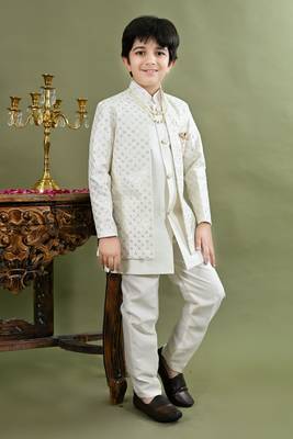 Boys sequined embroidered sherwani with pant & necklace set - white 3