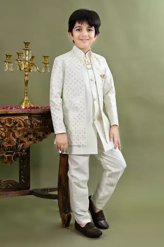 Boys sequined embroidered sherwani with pant & necklace set - white