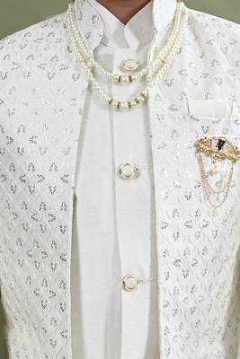 Boys sequined embroidered sherwani with pant & necklace set - white 5