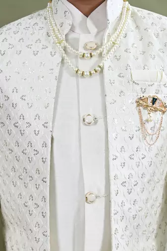 Boys sequined embroidered sherwani with pant & necklace set - white