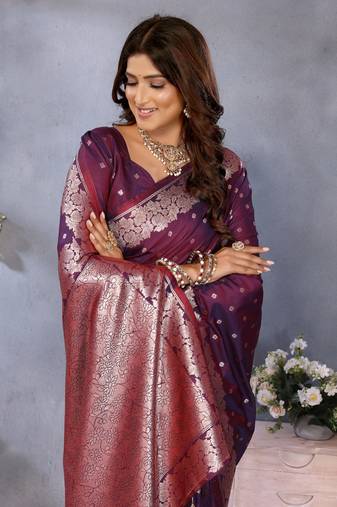 Violet Woven Silk Blend Saree With Blouse