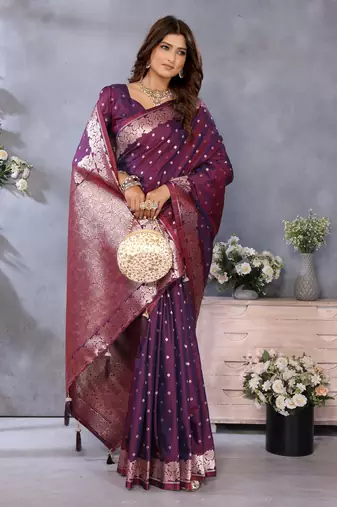 Violet Woven Silk Blend Saree With Blouse