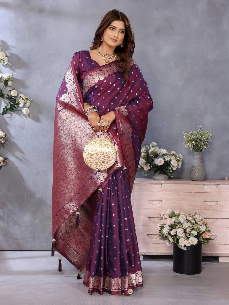 Violet Woven Silk Blend Saree With Blouse