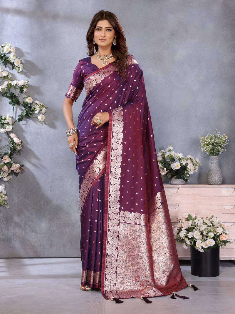 Violet Woven Silk Blend Saree With Blouse