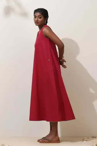 Truebrowns maroon cotton linen dress