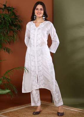 Floral embroidered chikankari straight pure cotton white front slit kurta with palazzos 6