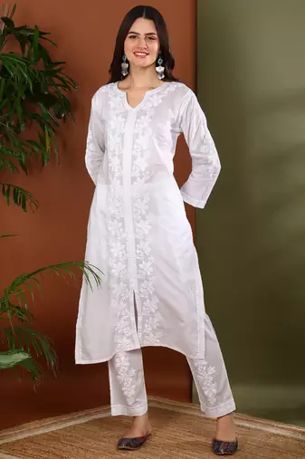 Floral embroidered chikankari straight pure cotton white front slit kurta with palazzos