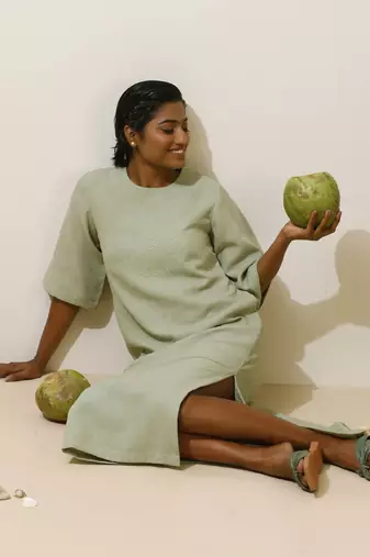 Truebrowns patcholi green embroidered natural cotton dress