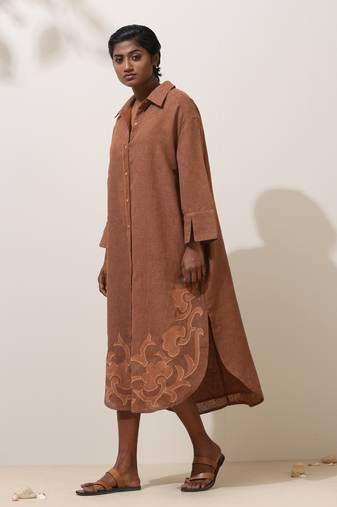 Truebrowns sierra brown embroidered natural cotton dress