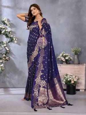 Navy Blue Woven Silk Blend Saree With Blouse 1
