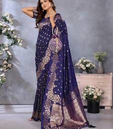 Navy Blue Woven Silk Blend Saree With Blouse