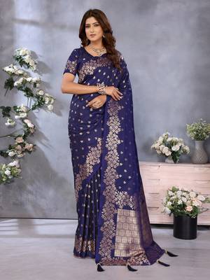 Navy Blue Woven Silk Blend Saree With Blouse 3