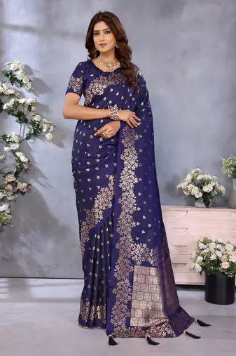 Navy Blue Woven Silk Blend Saree With Blouse