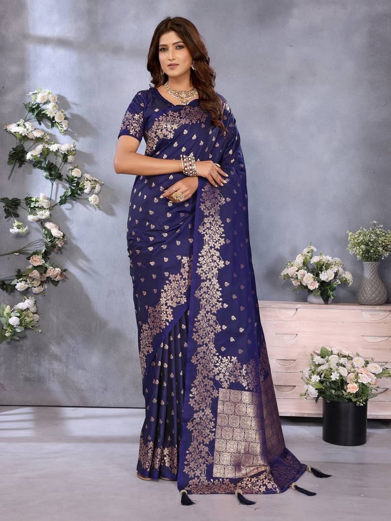 Navy Blue Woven Silk Blend Saree With Blouse