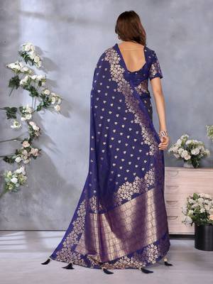 Navy Blue Woven Silk Blend Saree With Blouse 4