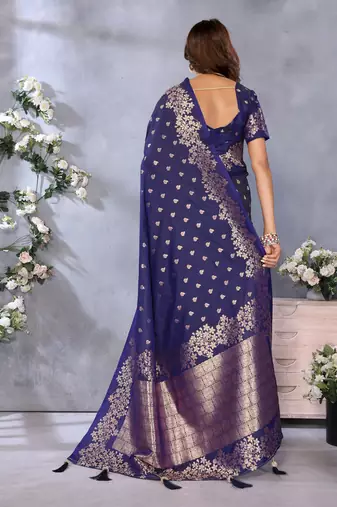Navy Blue Woven Silk Blend Saree With Blouse