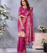 Pink  Woven Silk Blend Saree With Blouse