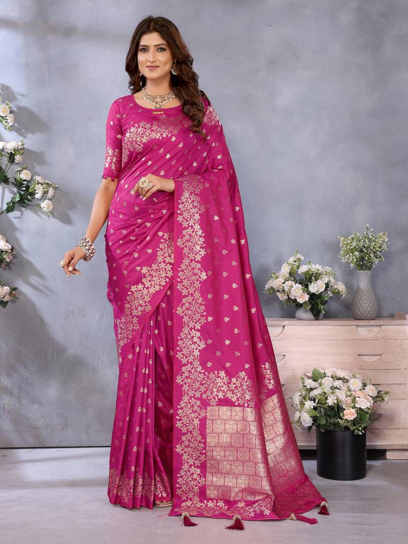 Pink  Woven Silk Blend Saree With Blouse