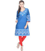 V-Neck Blue Printed Sexy Cotton Kurti