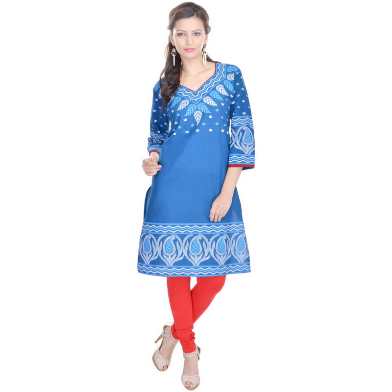 V-Neck Blue Printed Sexy Cotton Kurti