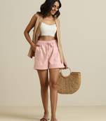 Truebrowns light pink cotton blend shorts with drawstring