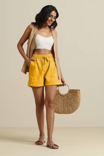 Truebrowns yellow cotton blend shorts with drawstring
