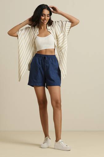 Truebrowns dark blue cotton blend shorts with drawstring