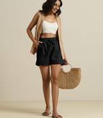 Truebrowns black cotton blend shorts with drawstring