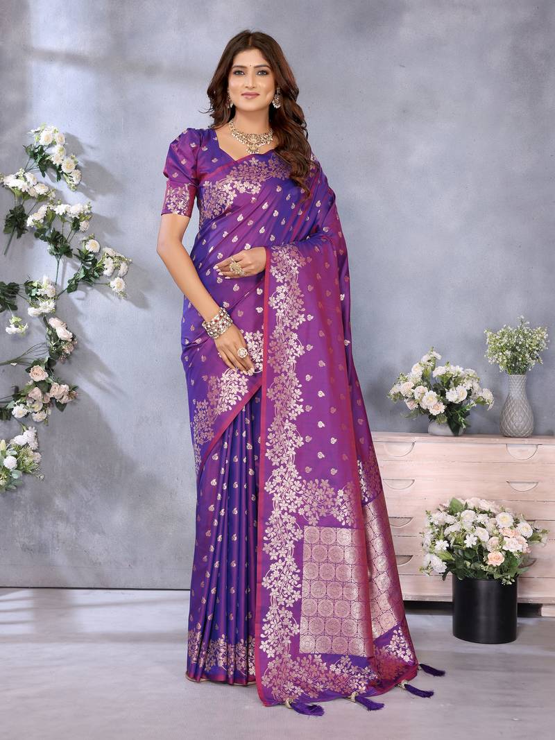 Purple Woven Silk Blend Saree With Blouse