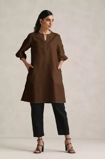 brown cotton blend short kurta