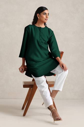 Dark green cotton blend short kurta