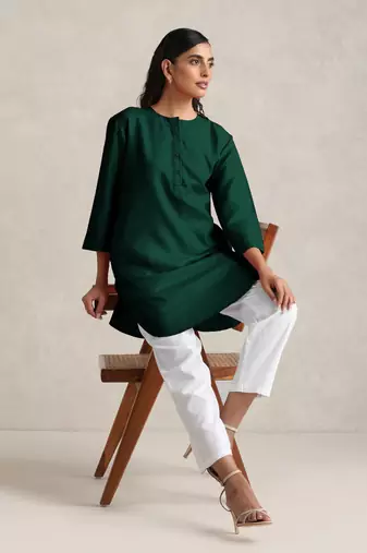 Dark green cotton blend short kurta