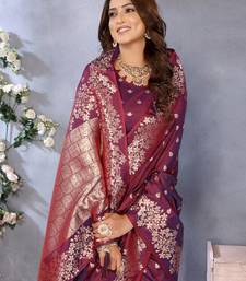 Violet Woven Silk Blend Saree With Blouse