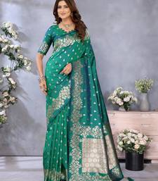 Rama Green Woven Silk Blend Saree With Blouse