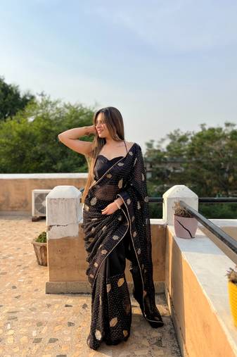 Black Georgette sequin saree With Blouse Set