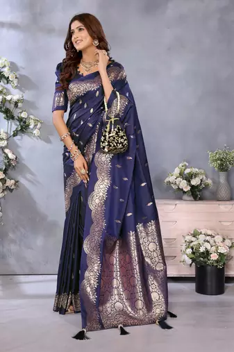 Navy Blue Woven Silk Blend Saree With Blouse