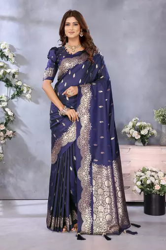 Navy Blue Woven Silk Blend Saree With Blouse