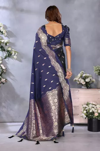 Navy Blue Woven Silk Blend Saree With Blouse
