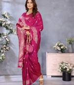 Pink Woven Silk Blend Saree With Blouse