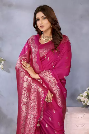 Pink Woven Silk Blend Saree With Blouse