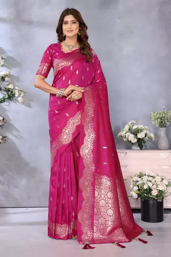 Pink Woven Silk Blend Saree With Blouse
