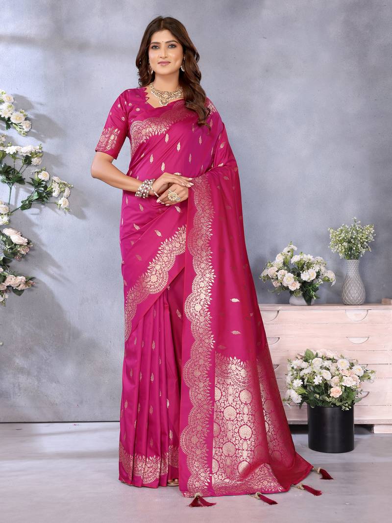 Pink Woven Silk Blend Saree With Blouse