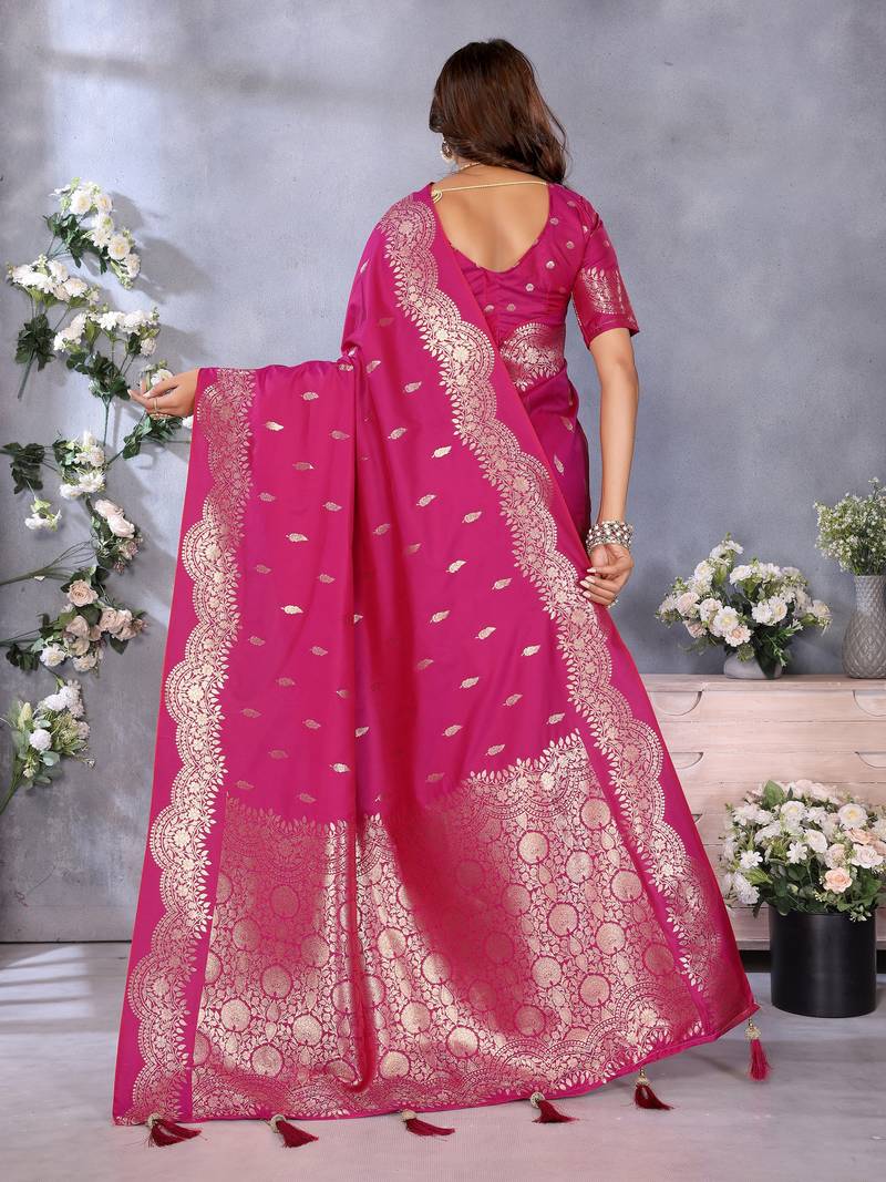 Pink Woven Silk Blend Saree With Blouse
